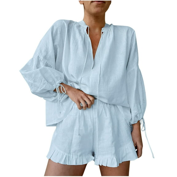 Tnhcen 2 Piece Womens Ruffle Pajama Sets Cozy Cotton Lounge Set Long Sleeve Button Down Shirt Shorts Set Homewear S-2XL