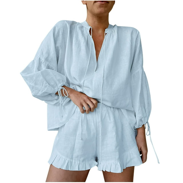 Timegard Summer Outfits for Women 2 Piece V Neck Puff Long Sleeve Blouse Ruffle Shorts Lounge Sets