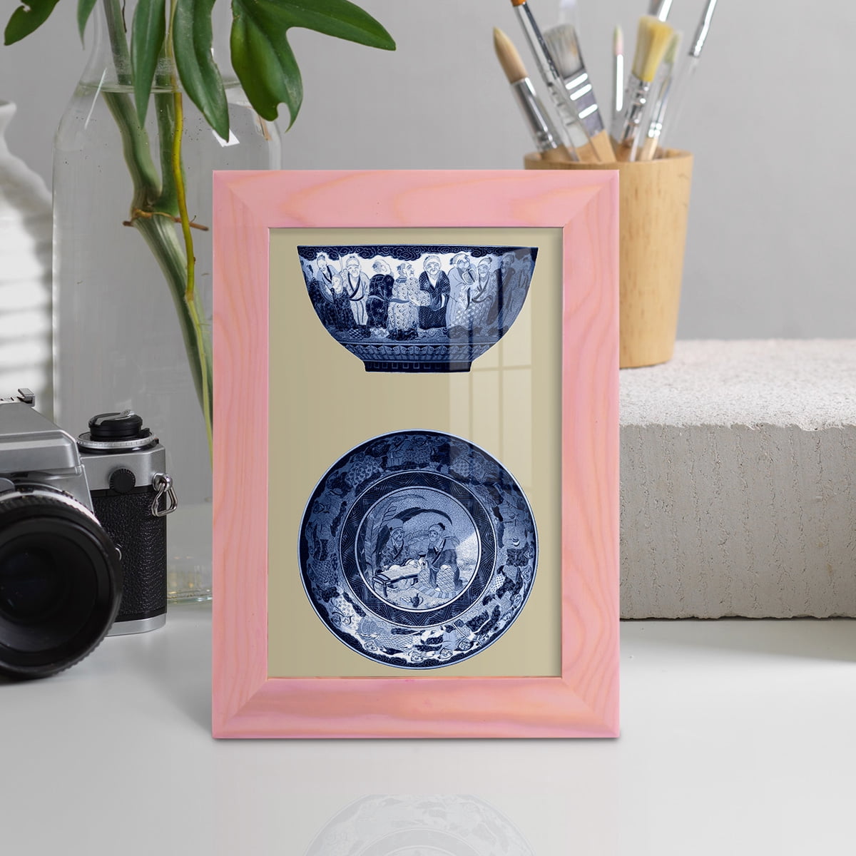 Porcelain in Blue and White II -Framed Print w/glass-Sunset Pink