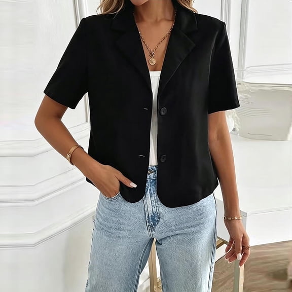 IUYRTFE Women's Short Sleeve Blazer Lapel Collar Single Breasted Business Casual Jacket with Pockets