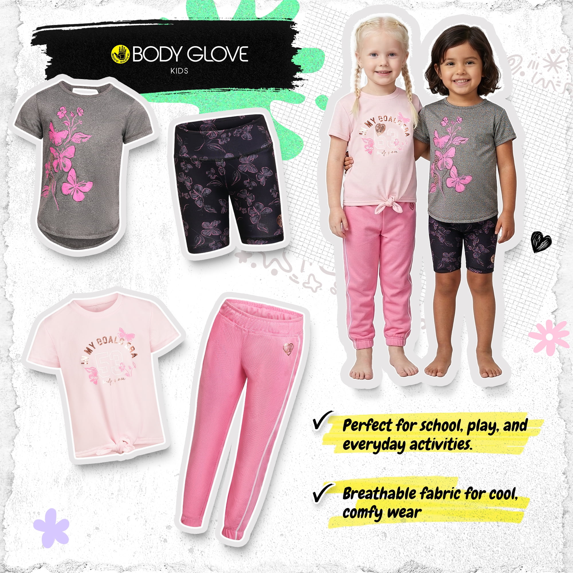 Body Glove Clothes Girls’ 4-Piece Active Outfit Set – Includes 2 Graphic Tees, Jogger Pants & Shorts, Comfortable Everyday Clothing for Toddler to Big Girls Sizes (2T-12)