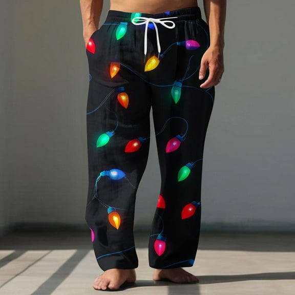 QLEICOM Men's Pants,Pants for Men,Men's Christmas Print Wide Leg Pants with Elastic Drawstring Waist Comfortable Lounge and Beach Pants for Holiday Season