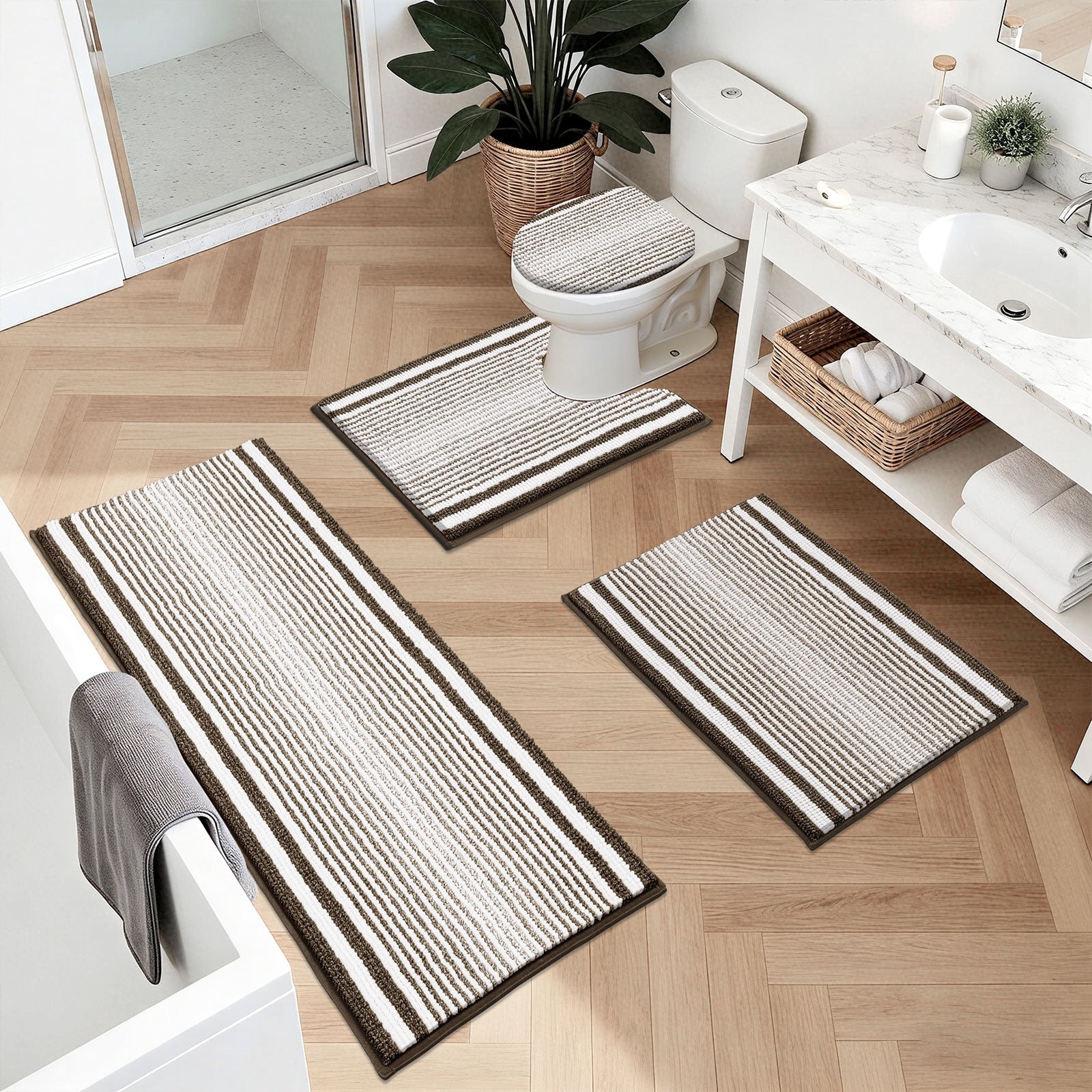 Ileading Chenille Bathroom Rugs Sets 4 Piece, Super Absorbent Non Slip Washable Bath Mat and U-Shaped Contour Toilet Rug Set for Tub Shower Floor Carpet