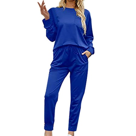 MSJUHEG Womens Loungewear Set Satin Pajama Set for Women Sets for Women 2 Jogger Pajama Long Sleeve Pants Loungewear Sweatsuits Casual Matching Outfits Womens Pajamas Sky Blue L