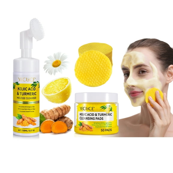 Yecuce Kojic Acid & Turmeric Cleansing Mousse and Cleansing Pads Set-Facial Cleanser,Foaming Face Wash for All Skin Types-Gentle and Effective Exfoliation,Wash Face,Makeup