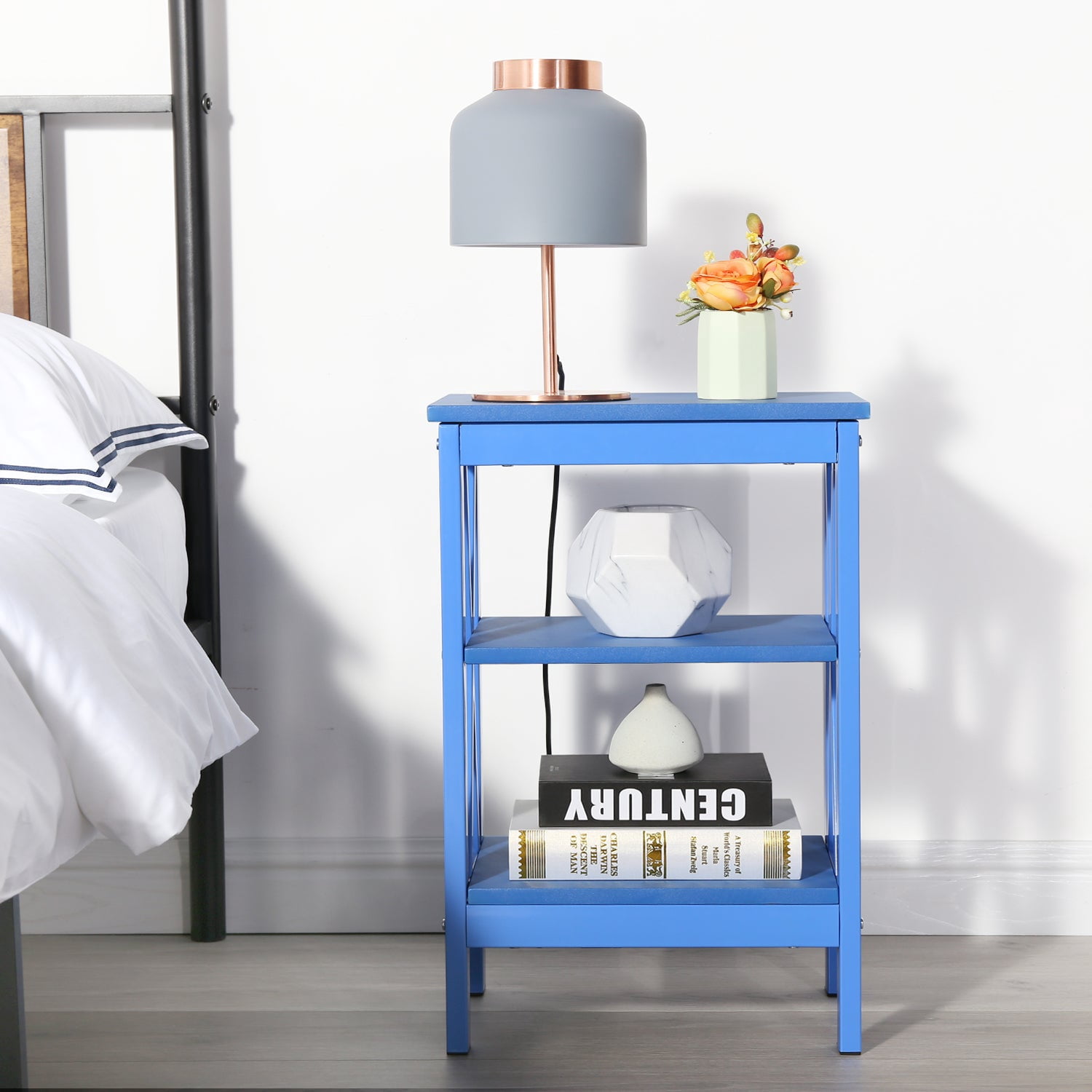 VECELO Set of 2 Nightstand with 3-Tier Shelves, X-Shaped Sofa Side End Table for Bedroom/Living Room/Office, Dark Blue