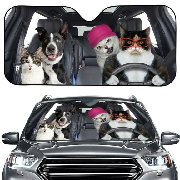 Xoenoiee Funny Dogs and Cats Pattern Windshield Sun Shade, Sunshade Windshield Cover Sun Visor Shield Block Automotive Interior Protector Blocks UV Rays for Car Pickup Truck SUV