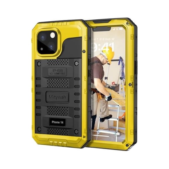 Waterproof Case for iPhone 14, Heavy Duty Shockproof Case with Built-in Screen Protector, Full Body Underwater Protective Metal Case 6.1 inch, Yellow