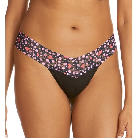 Hanky Panky Cotton-Spandex Low Rise Thong (891582P),Black/Love Nest