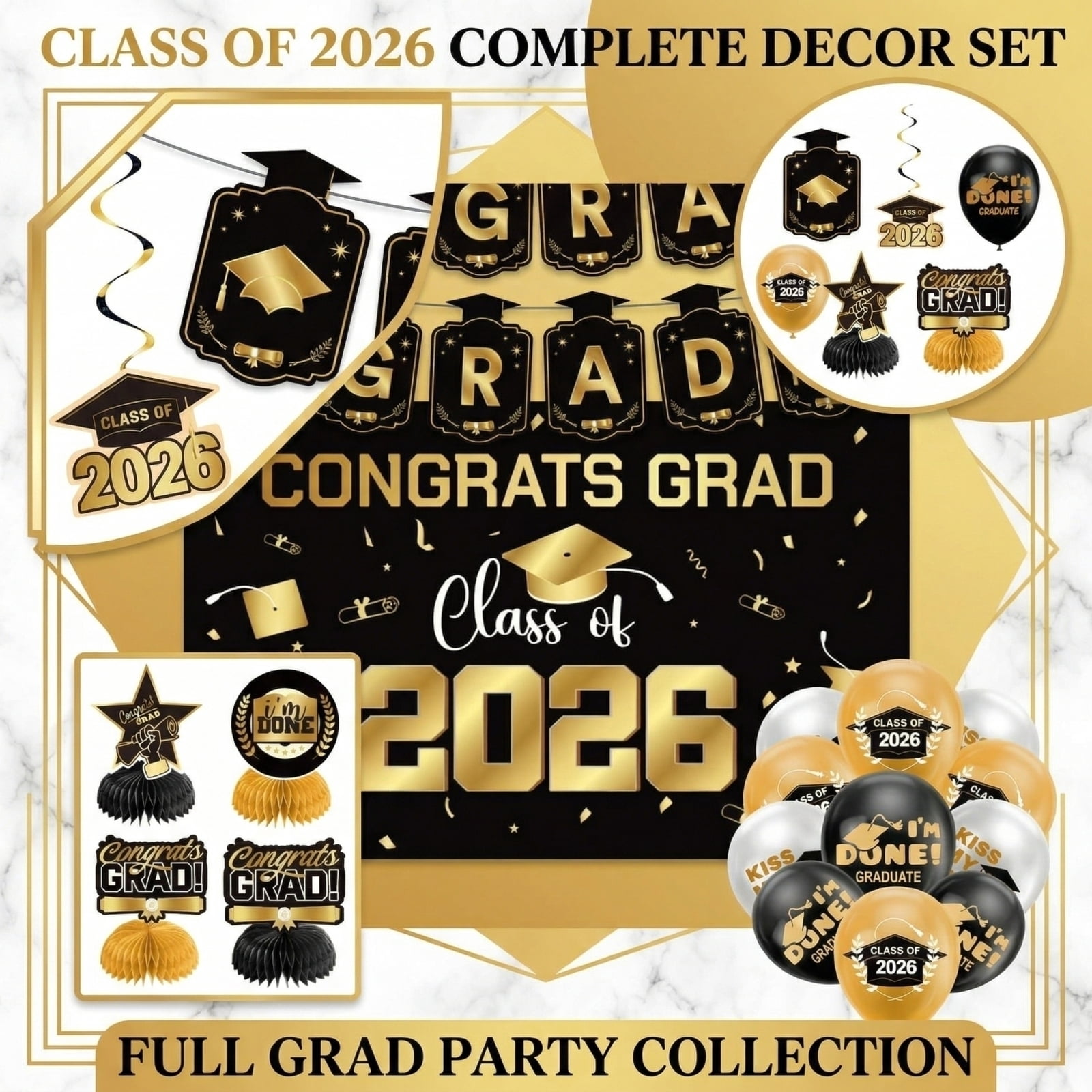 Graduation Party Decorations Set - Congrats Grad Black Gold 2026 Decor with Banners, Hanging Swirls, Backdrop, Honeycomb Decor, Balloons for High School College Grad Party