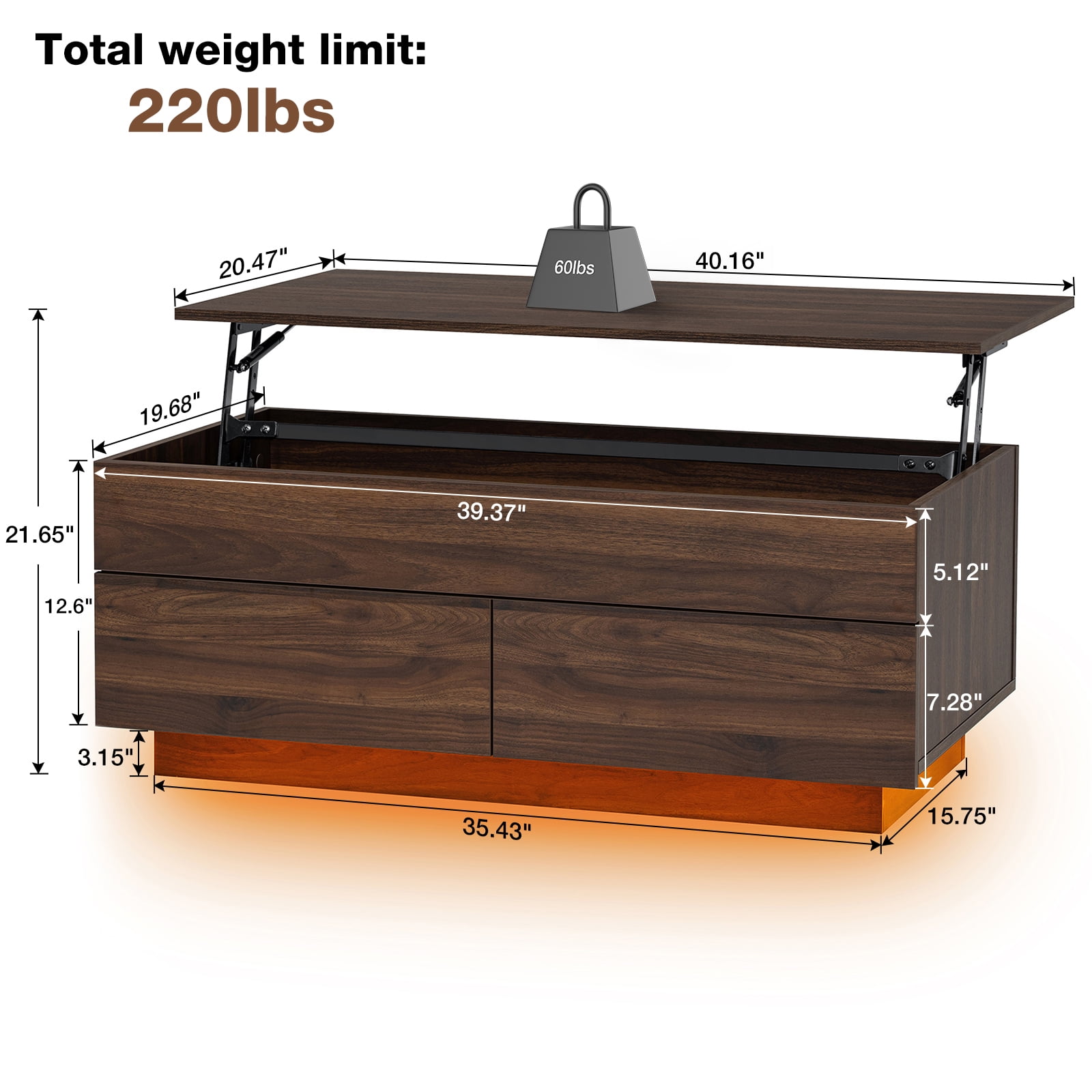 Hommpa LED Coffee Table with Lift Top and 2 Drawers, Hidden Compartment for Living Dining Room Walnut Sofa Side End Table