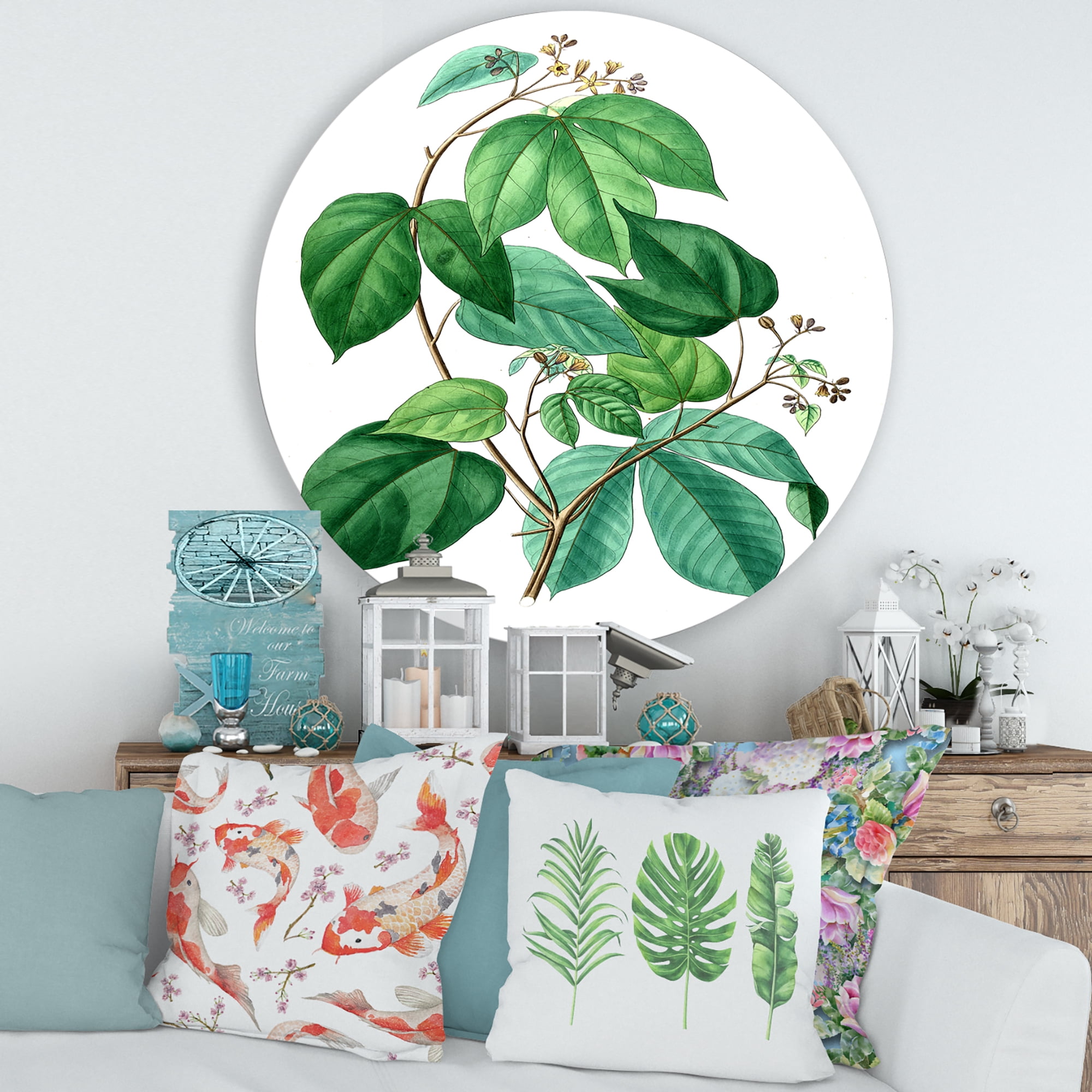 Designart 'Ancient Green Leaves Plants III' Traditional Circle Metal Wall Art 29x29 - Disc of 29