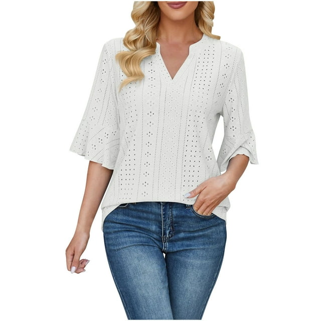 Bowake Womens V Neck Summer Tops Ruffle Half Sleeve Tee Shirts Hollow out Basic Casual Work Blouses Tunic Tops