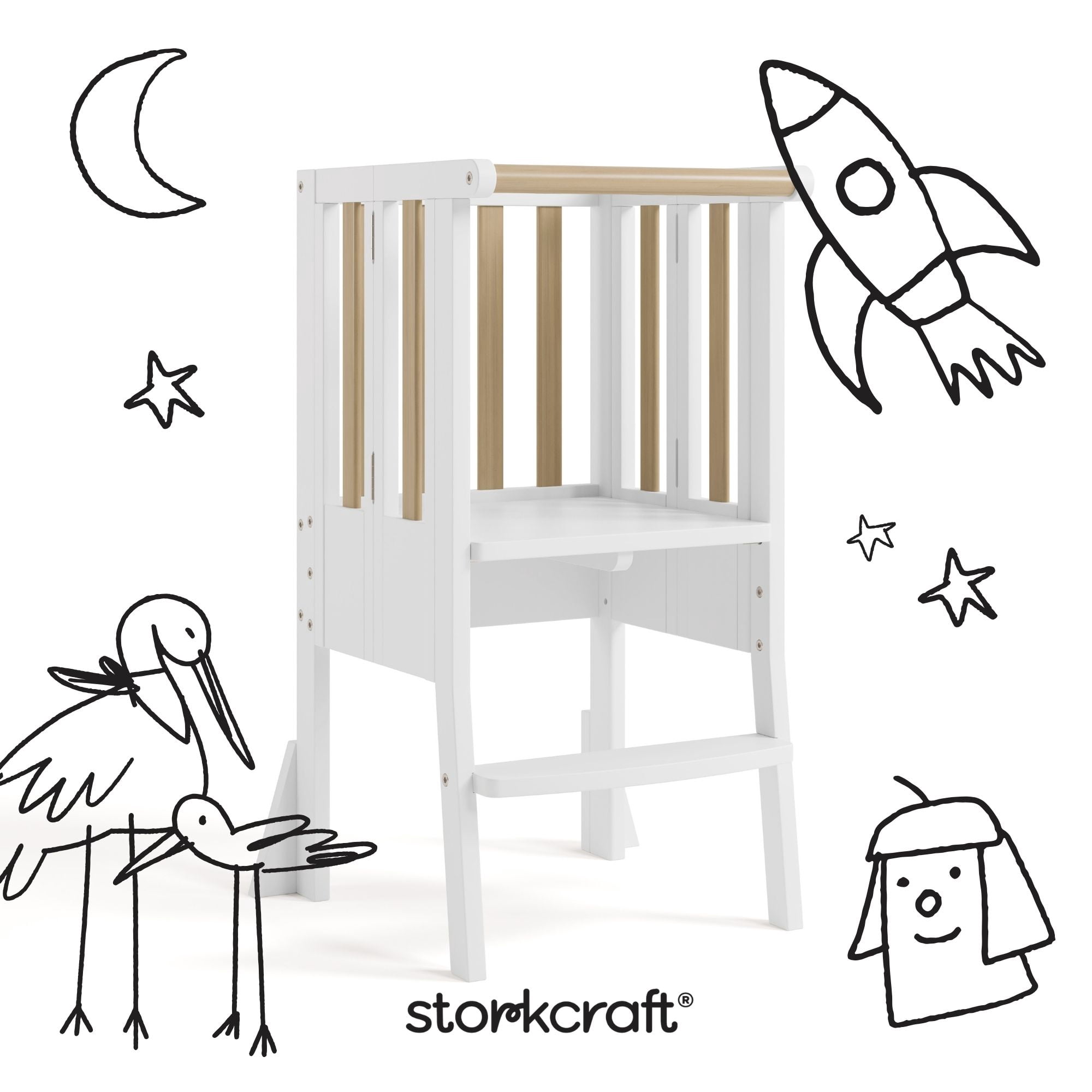 Storkcraft Toddler Montessori Foldable Step Stool, White with Driftwood