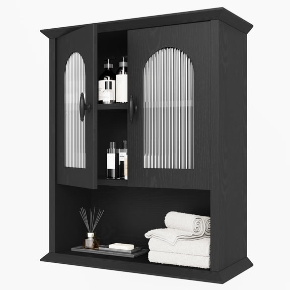 Bathroom Wall Cabinet with Fluted Door, 18.9'' x 23.6'' Medicine Cabinet, Over The Toilet Storage Cabinet, Black