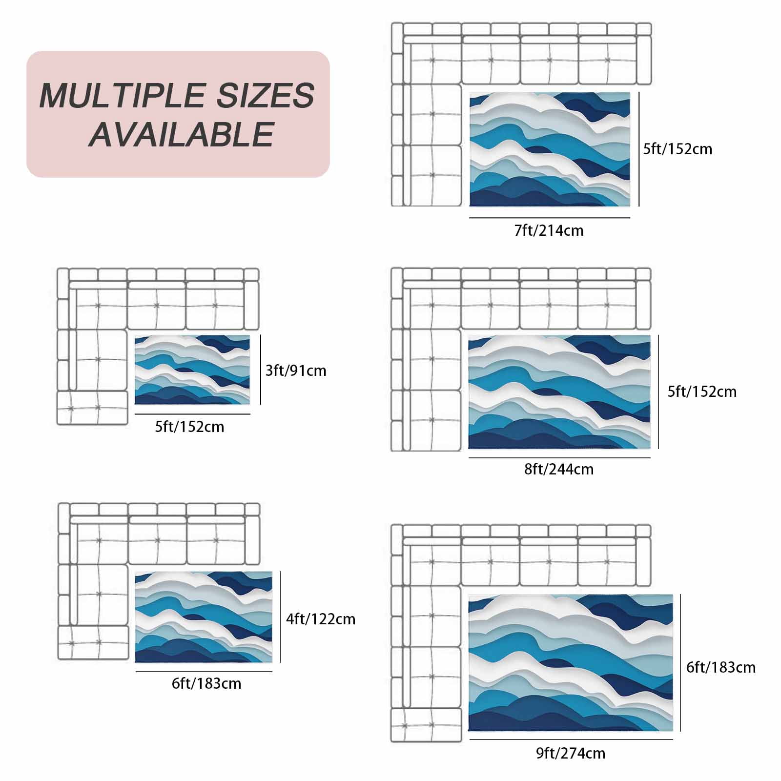 Outdoor Rug 3x5 ft Blue White Ombre Sea Wave Outdoor Large Area Rug Non Slip Rubber Abstract Geometric Front Door Mat RV Rug Camping Carpet Patio Outdoor Rugs for Backyard Balcony Deck Porch Indoor