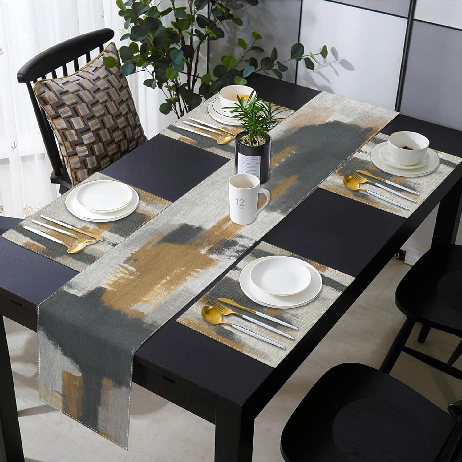 Vintage Grey Table Runner and Placemats Set of 6, Abstract Dark Gray Brown Decorations for Indoor Outdoor Dining Decor(1 Table Runner 72 inches Long and 6 Placemats)