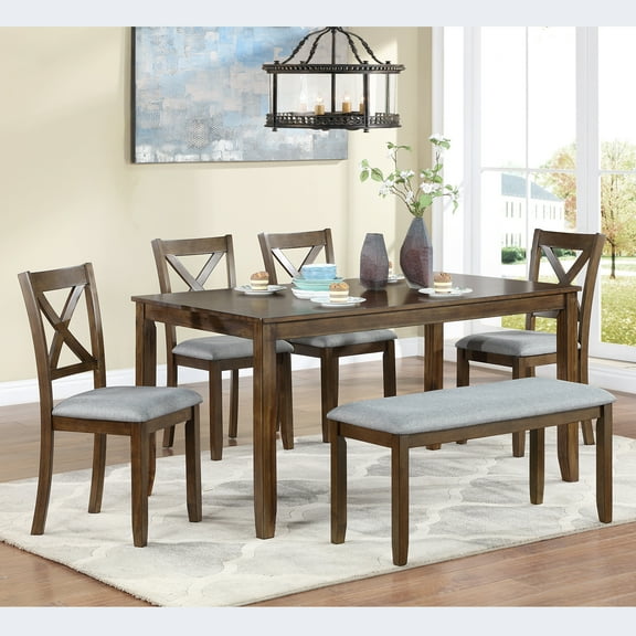 Aukfa Dining Table Set for 6,Modern Rectangular Kitchen Dining Set,Acacia Wood,Walnut