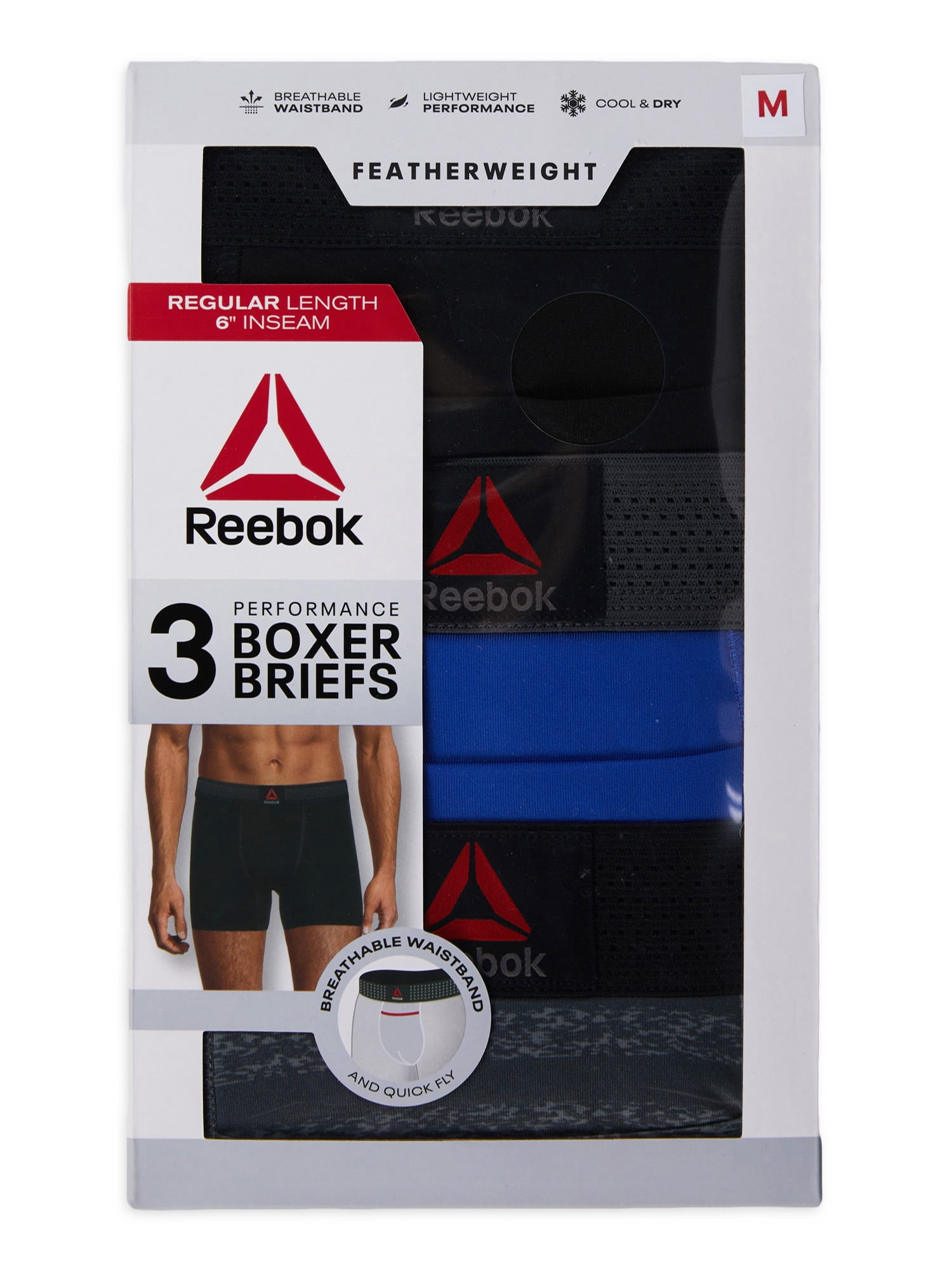 Reebok Men’s Featherweight Performance Boxer Briefs Underwear, 6 Inch, 3-Pack
