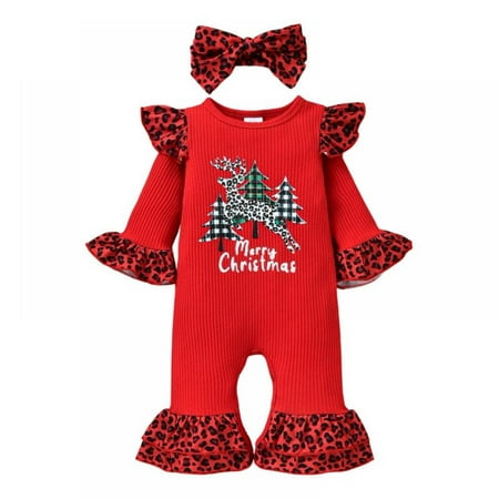 

SYNPOS 0-18M Newborn Baby Girl Christmas Outfits Infant Christmas Romper Cute Ruffle Jumpsuit Bodysuit Kids One-Piece Clothes Fall