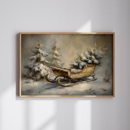 Vintage Sleigh Winter Snowy Forest Decor Wall Art Unframed Paper Print