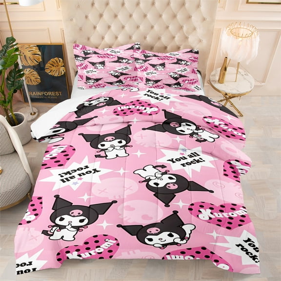 Kuromi 3-Piece Kuromi Pink Comforter Bedding Sets, Full