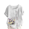 thumbnail image 2 of HOMBOM Plus Size Tops for Women Summer Cotton Linen Button Short Sleeve Crewneck White Dressy Casual Floral Womens Blouse, 2 of 5