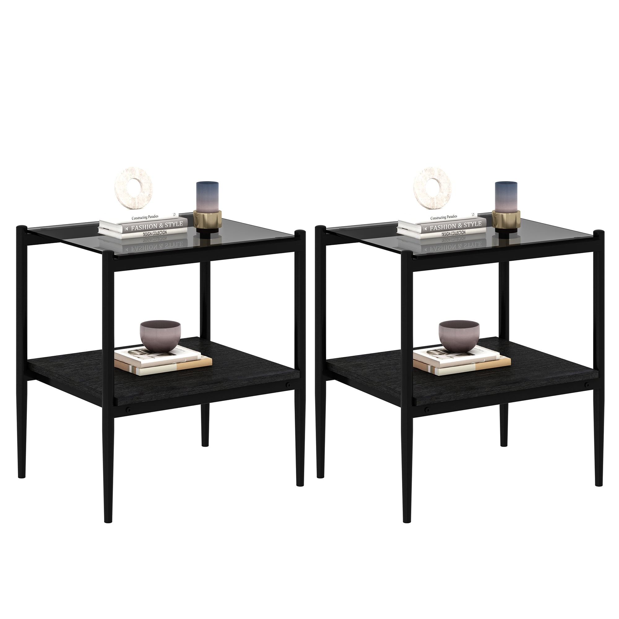 Euroco Set of 2 Rectangle End Table, Tempered Glass Tabletop with MDF layer, Modern Table for Living Room , Gray Glass