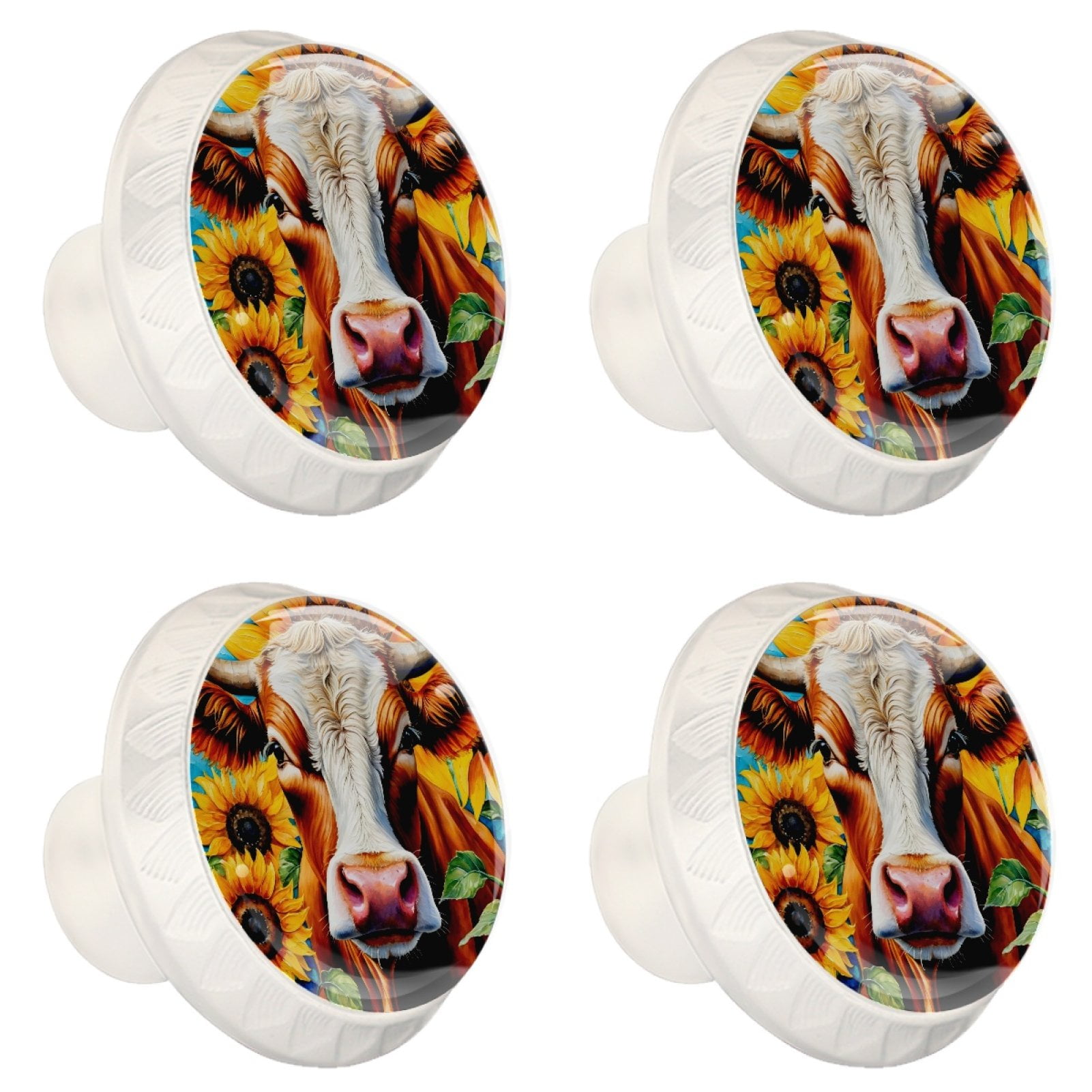 4 Pcs Cow and Sunflower Knobs for Kitchen Cabinet Cupboard Dresser Bookcase Drawer Pulls Handles Round Home Decor