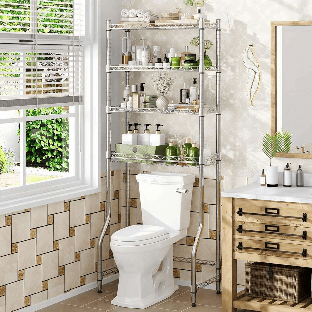 4-Tier Over the Toilet Storage Shelf with Adjustable Metal Shelves and Basket Chrome