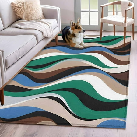 Hallway Runner Rugs 2.7x5 Ft Green Blue Brown Moire Non Slip Area Rugs for Kitchen Bedroom Entryway Modern Abstract Art Washable Carpet Runner Rug Floor Mats for Bedroom Home Decor