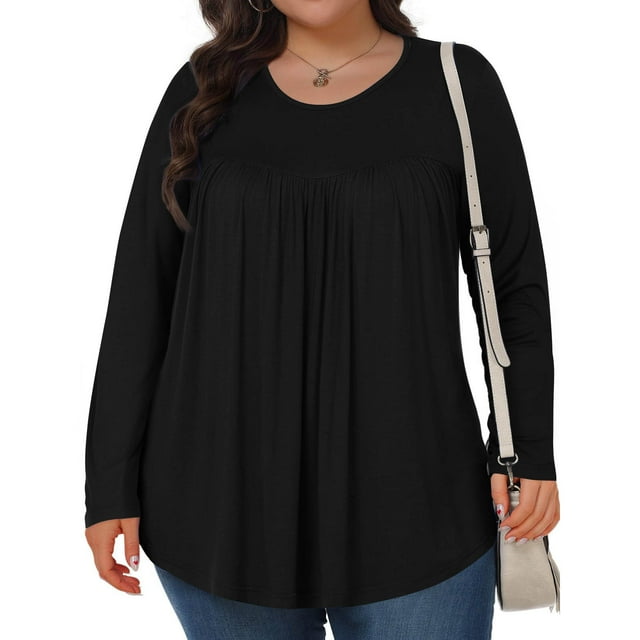 HongQid Hauts pour Femmes Grande Taille Col Rond T-Shirt Couleur Unie Manches Longues Tunique Plissée Décontractée