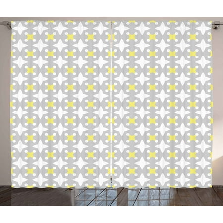 Grey And Yellow Curtains 2 Panels Set Retro Geometric Vintage