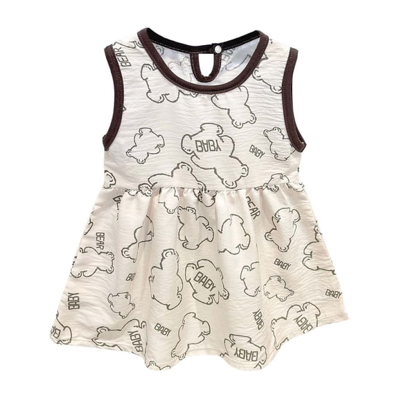 Tisuna Sleeveless Vest Dress For Girls Toddler Cartoon Print Crew Neck Cute Dresses Lightweight Casual Girls Summer Dress Coffee Size 18-24 Months