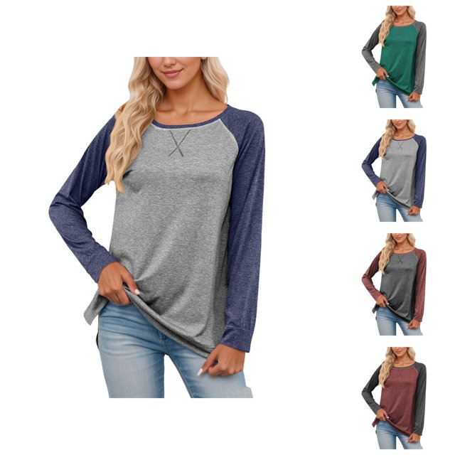 Long Sleeve Shirt Women 2026 Spring Fashion Crewneck Raglan Sleeve Relaxed Fit Color Block Casual T Shirts