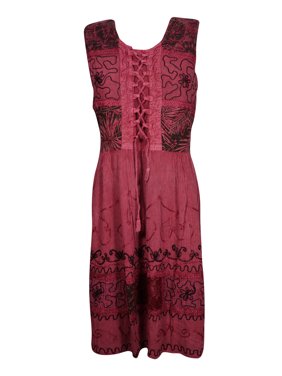 Mogul Women's Dark Pink Rayon Sleeveless Embroidered Summer Fashion Midi Dress