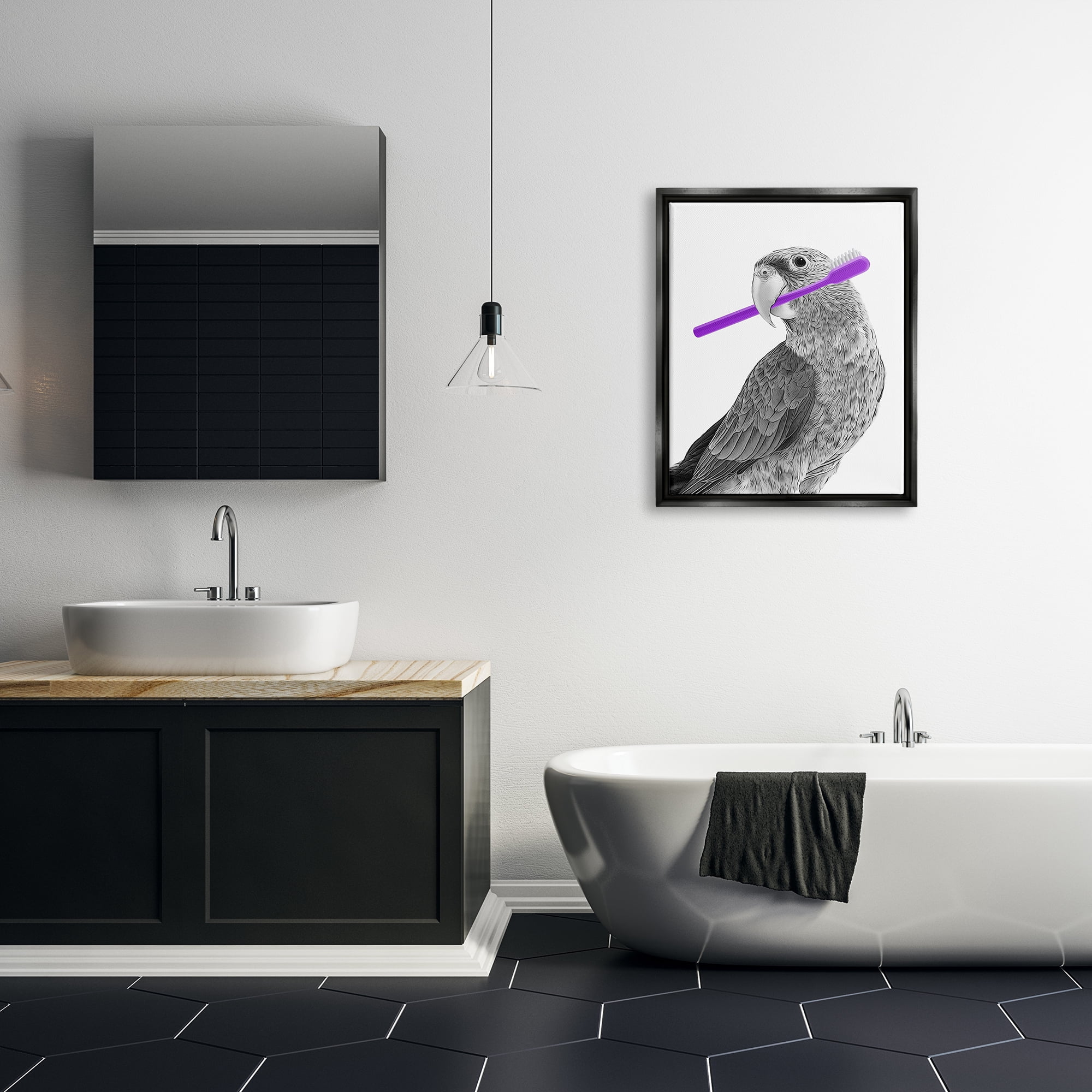 Stupell Industries Parrot With Toothbrush Funny Bird Animals & Insects Painting Black Floater Framed Art Print Wall Art