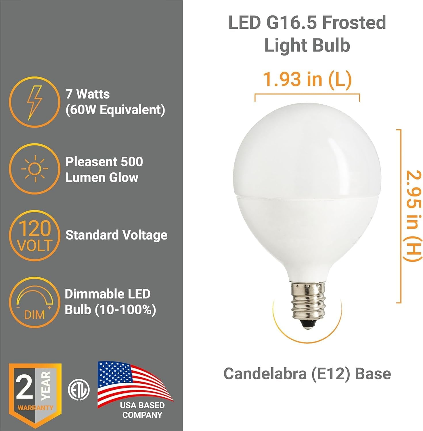 Diodesy- Pack of 6 G16.5/LED/7W/FR/40K/6PK G16.5 LED Frosted Globe Light Bulb, E12 Candelabra Base, 7W (60W Equivalent), 4000K Cool White, Dimmable for Chandelier, Ceiling Fan, Pedant, Vanity, 500LM