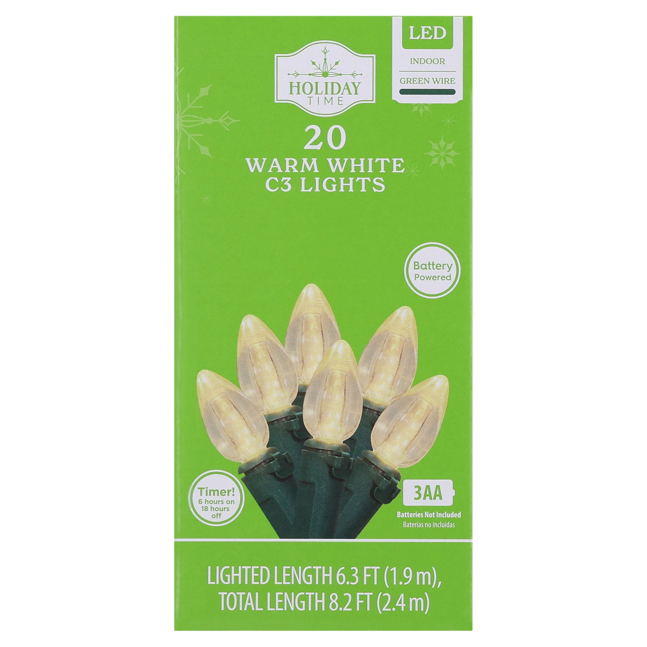 Indoor 20-Count Battery-Operated LED Smooth C3 Christmas String Lights, Warm White, Green Wire, 6.3', by Holiday Time
