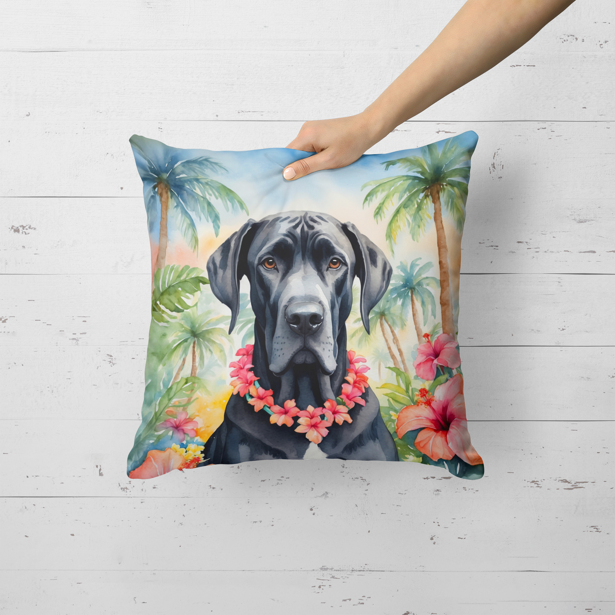 Great Dane Luau Throw Pillow 18 in x 18 in