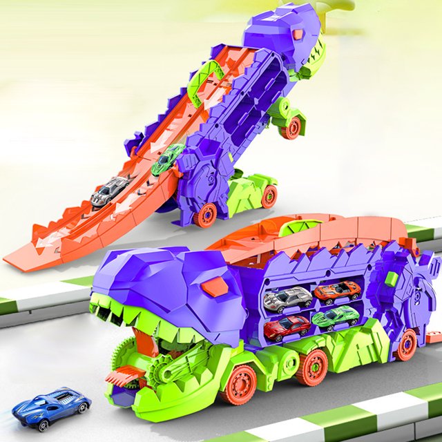 City Dinosaur Transporta El juguete se transforma en un dinosaurio pisoteante con juguetes de camiones para niños pequeños con 12 autos de metal