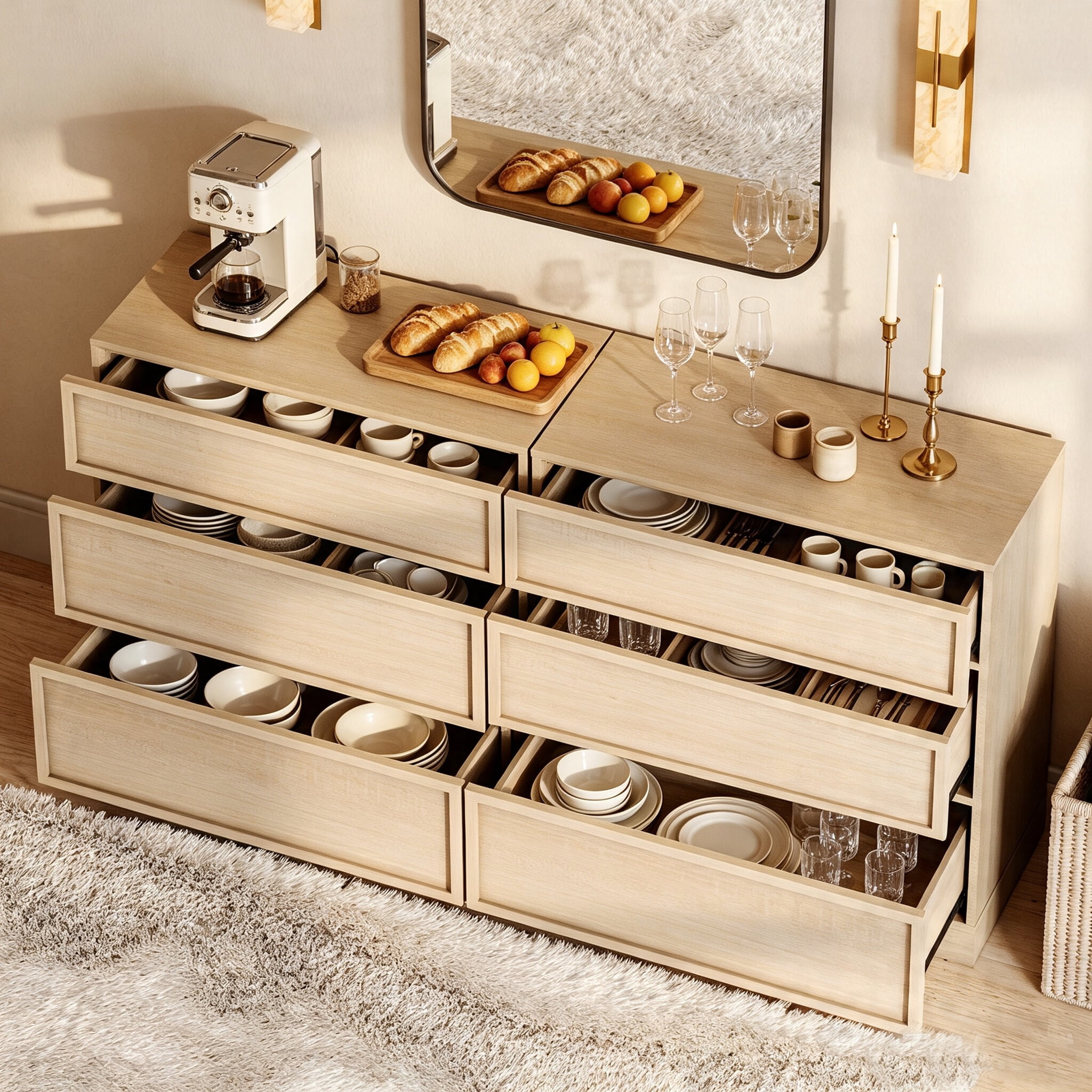 63" Modern Sideboard Buffet Cabinet with 6 Drawers, Multifunctional Sideboard with Large Storage and Adjustable Shelf