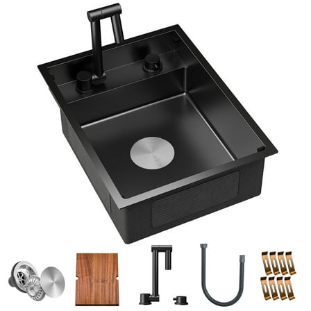 TORVA RV Kitchen Sink, 16 x 21 x 7 Inch Undermount Bar Sink 16 Gauge Stainless Steel Single Bowl Sink with Foldable Faucet Cutting Board, Dark Grey