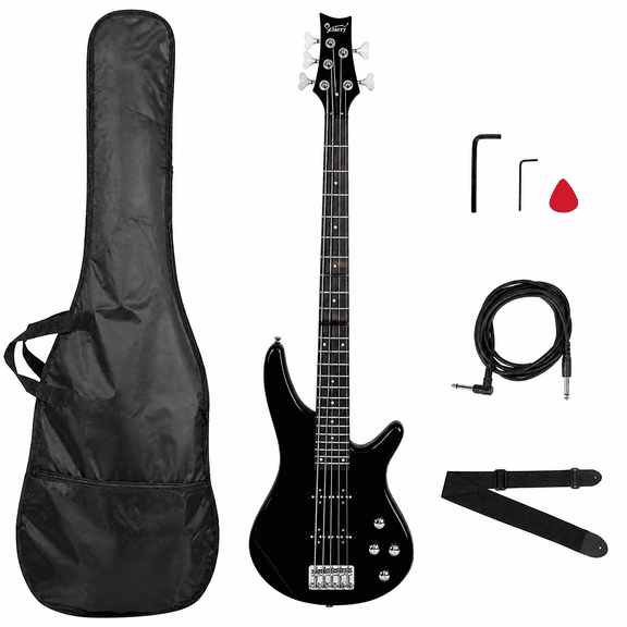 GIB Electric 5 String Bass Guitar Full Size Bag Strap Pick Connector Wrench Tool Black