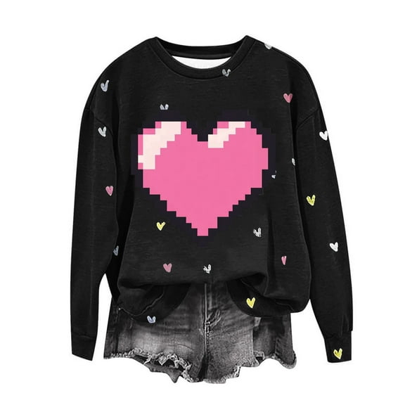 Valentines Day Womens Cute Heart Sweatshirts Oversized Hooded Sweater Crewneck Pullover Top Clothes