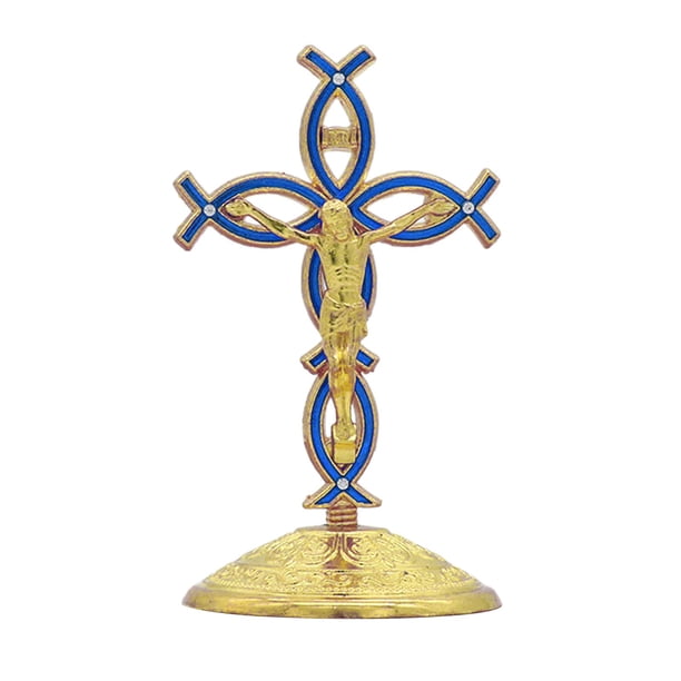 Figura de cruz de pie, estatua de cruz, adorno de mesa, estatua de crucifijo de Jesús Oro Azul
