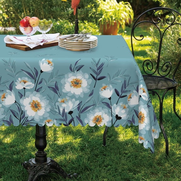 Mizhona Teal White Floral Tablecloths for Rectangle Tables Spring Green Blue Plants Table Cloth for Kitchen Dinner Decor,60"x84"