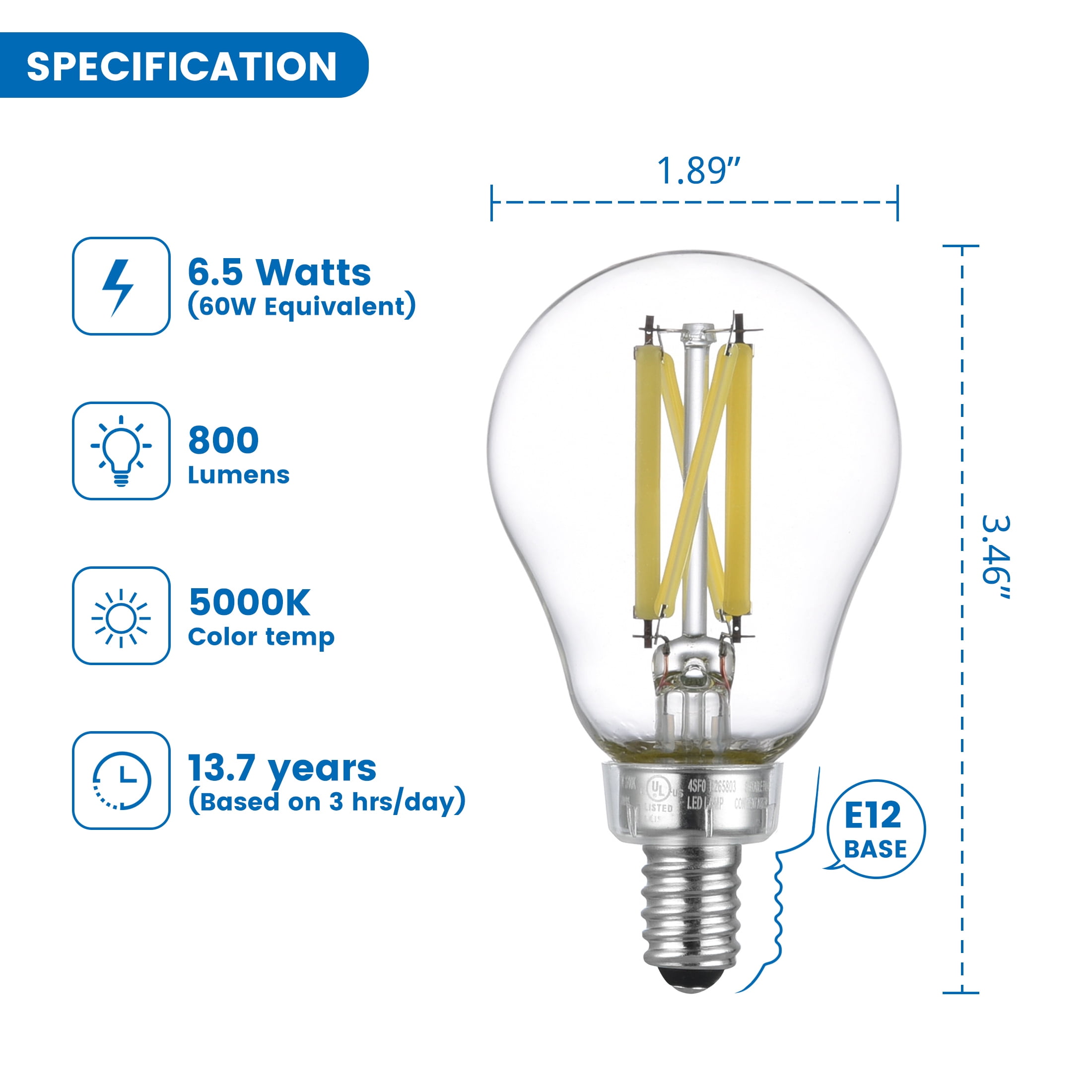 Great Value A15 LED Ceiling Fan Bulb, 6.5W (60W Equivalent), Daylight, Dimmable, E12 Base, 2 Pack