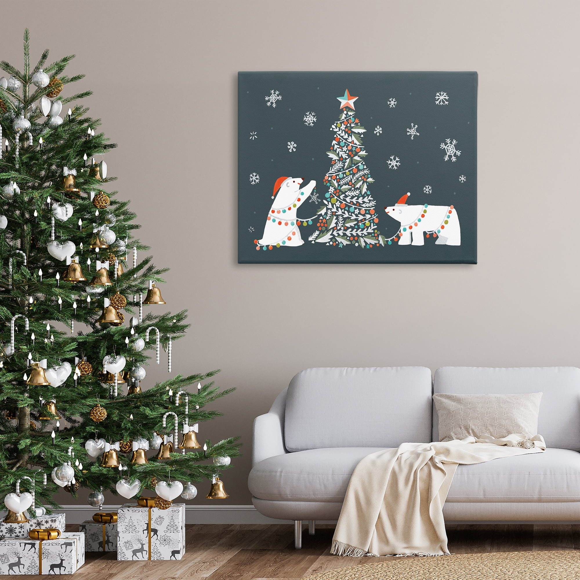 Stupell Industries Polar Bears with Christmas Tree Holiday Painting Gallery Wrapped Canvas Art Prints Wall Art, 48 x 36