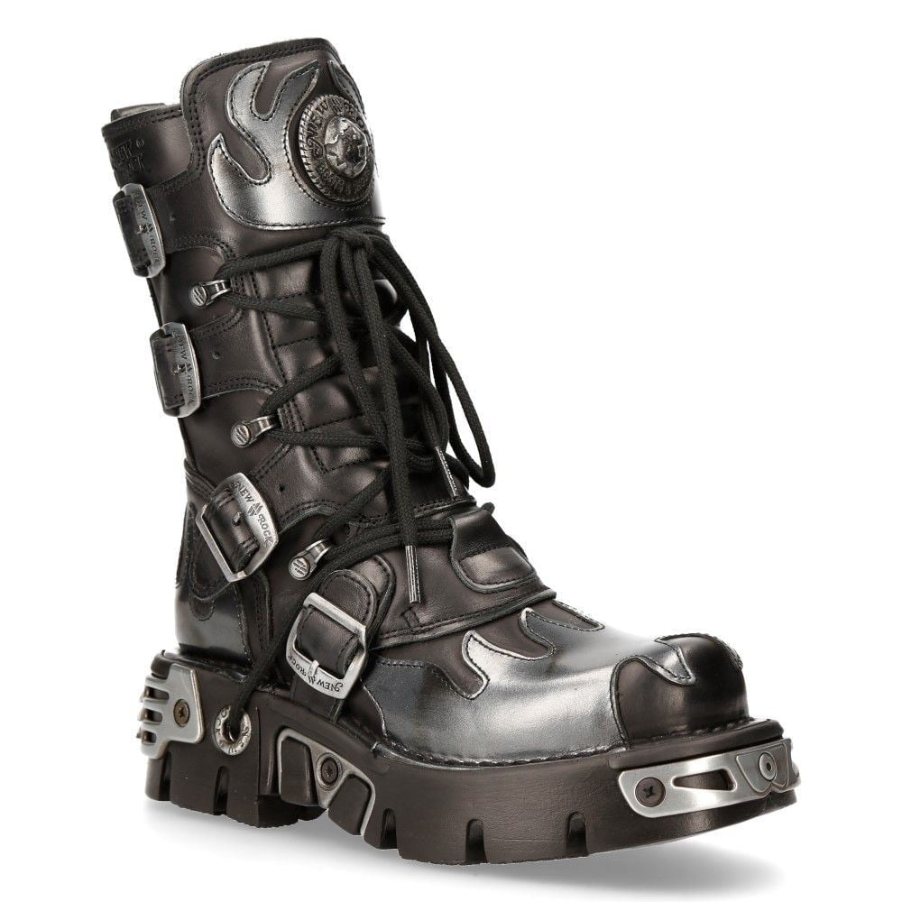 NEW ROCK 407-S1 Silver Cross BOOTS Black Leather Gothic Punk Biker